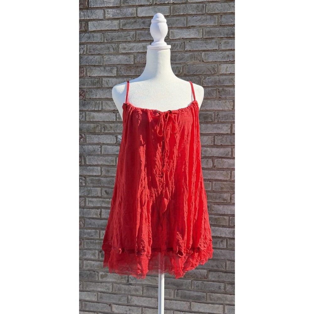 Lauren Vidal Paris Red Crinkle Babydoll Trendy Mini Dress /Tunic Cami S Boho NWT